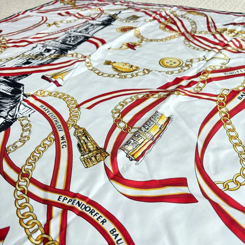 Silk scarf tourist souvenir red black white gold chain landmarks motif Europe